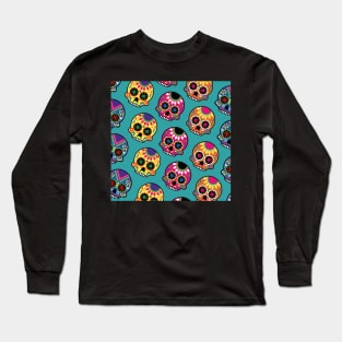 Sugar Skull Pattern Colorful Design, Artwork, Vector, Graphic Long Sleeve T-Shirt